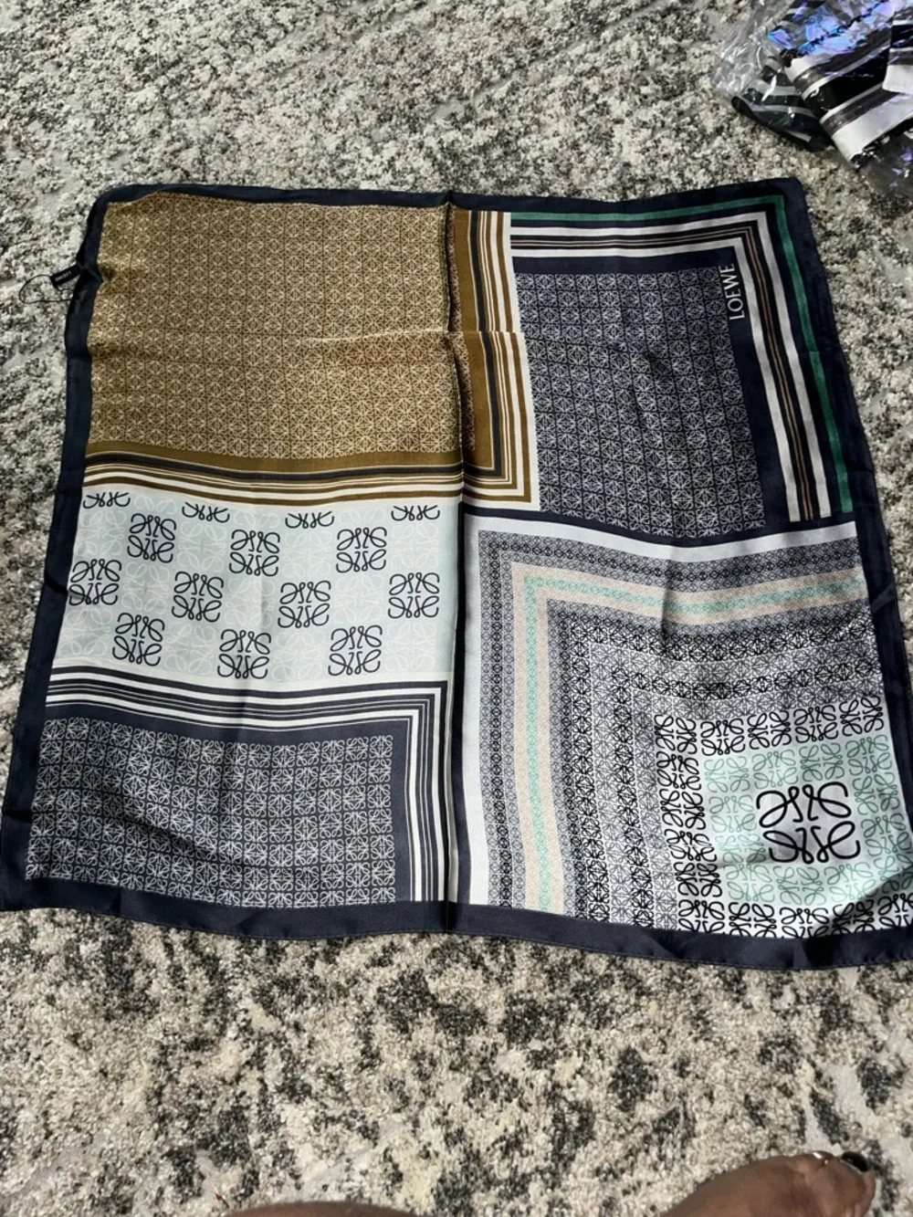 Loewe Patchwork Logo Silk Scarf in Navy, Olive & Cream